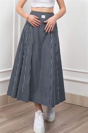 Korsaj Altı Büzgülü Çizgili Uzun Etek 6797