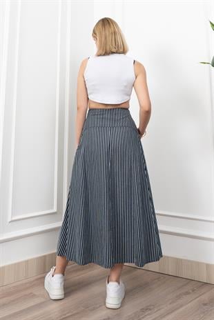 Korsaj Altı Büzgülü Çizgili Uzun Etek 6797