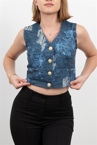 Kot Gabardin Yırtık Baskı Görünümlü Kısa Yelek 9131