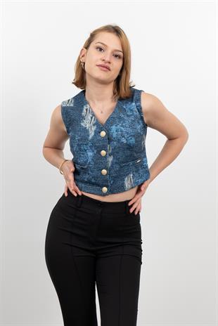 Kot Gabardin Yırtık Baskı Görünümlü Kısa Yelek 9131