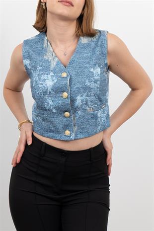 Kot Gabardin Yırtık Baskı Görünümlü Kısa Yelek 9131
