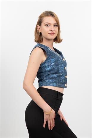 Kot Gabardin Yırtık Baskı Görünümlü Kısa Yelek 9131