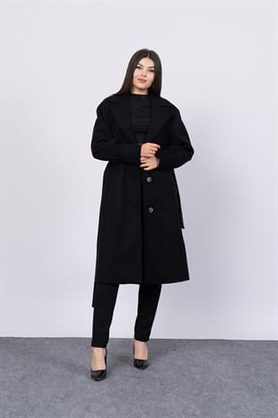 Kuşaklı Ve Düğmeli Kol Pile Detaylı Kaşe Palto Kaban 2579