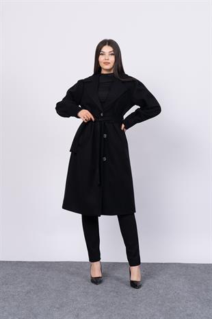 Kuşaklı Ve Düğmeli Kol Pile Detaylı Kaşe Palto Kaban 2579