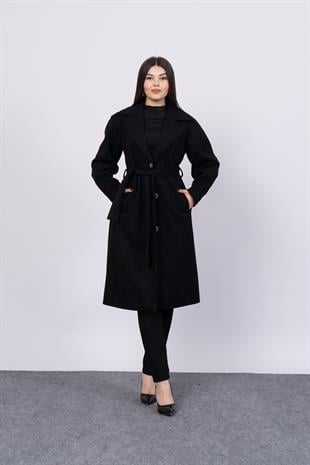 Kuşaklı Ve Düğmeli Kol Pile Detaylı Kaşe Palto Kaban 2579