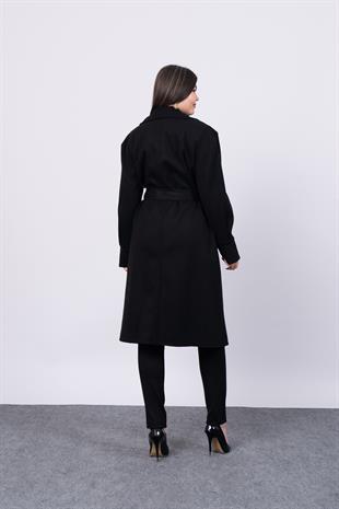 Kuşaklı Ve Düğmeli Kol Pile Detaylı Kaşe Palto Kaban 2579