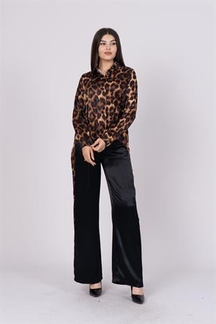 Leopar Desen Bel Bağlama Detaylı Gömlek Pantolon Takım 1165