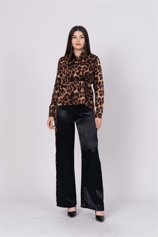 Leopar Desen Bel Bağlama Detaylı Gömlek Pantolon Takım 1165
