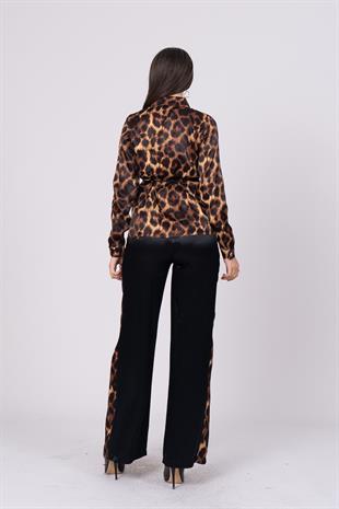 Leopar Desen Bel Bağlama Detaylı Gömlek Pantolon Takım 1165