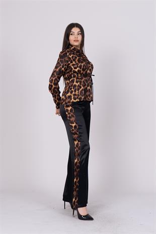 Leopar Desen Bel Bağlama Detaylı Gömlek Pantolon Takım 1165