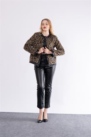 Leopar Şişme Deri Detaylı Çıtçıtlı Ceket 8602