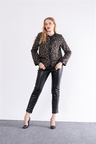 Leopar Şişme Deri Detaylı Çıtçıtlı Ceket 8602