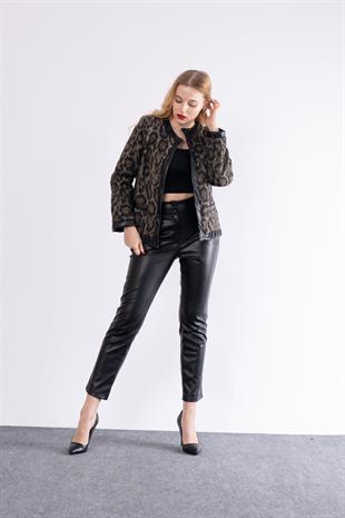 Leopar Şişme Deri Detaylı Çıtçıtlı Ceket 8602
