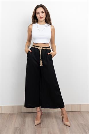 Midi Boy Hasır Kemerli Keten Pantolon 30278