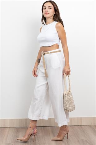 Midi Boy Hasır Kemerli Keten Pantolon 30278