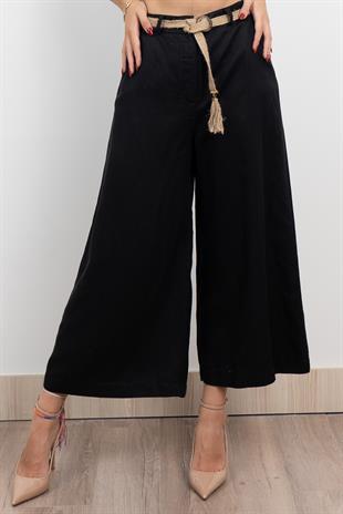 Midi Boy Hasır Kemerli Keten Pantolon 30278