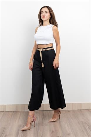 Midi Boy Hasır Kemerli Keten Pantolon 30278