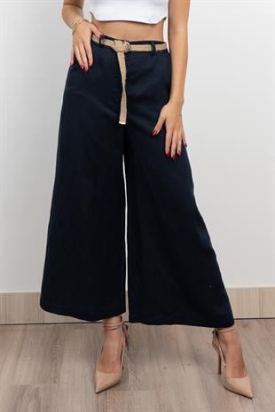 Midi Boy Hasır Kemerli Keten Pantolon 30278