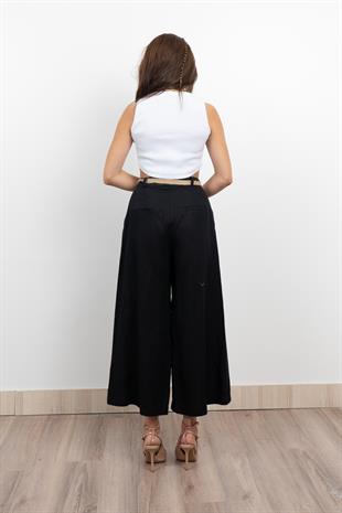 Midi Boy Hasır Kemerli Keten Pantolon 30278
