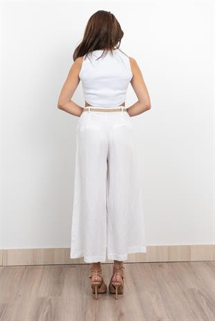 Midi Boy Hasır Kemerli Keten Pantolon 30278