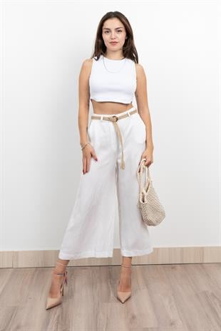 Midi Boy Hasır Kemerli Keten Pantolon 30278