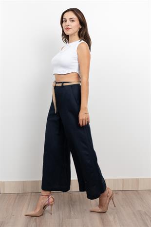 Midi Boy Hasır Kemerli Keten Pantolon 30278