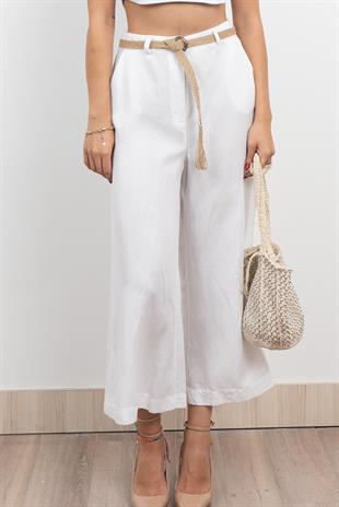 Midi Boy Hasır Kemerli Keten Pantolon 30278