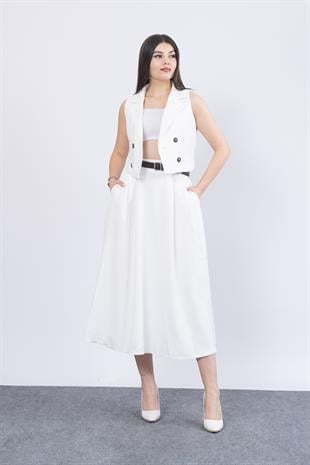 Midi Boy Kemerli Cepli Etek ve Ceket Yaka Astarlı Yelekli Takım 1156