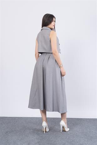 Midi Boy Kemerli Cepli Etek ve Ceket Yaka Astarlı Yelekli Takım 1156