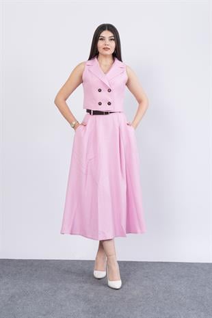 Midi Boy Kemerli Cepli Etek ve Ceket Yaka Astarlı Yelekli Takım 1156