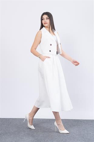 Midi Boy Kemerli Cepli Etek ve Ceket Yaka Astarlı Yelekli Takım 1156