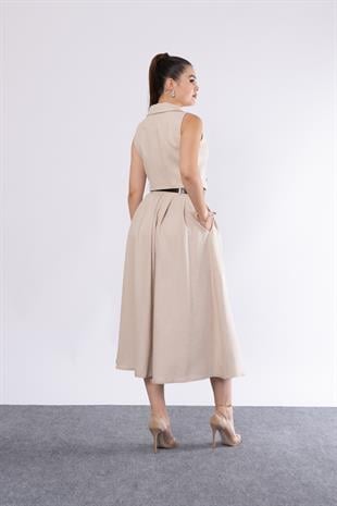 Midi Boy Kemerli Cepli Etek ve Ceket Yaka Astarlı Yelekli Takım 1156