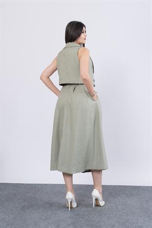 Midi Boy Kemerli Cepli Etek ve Ceket Yaka Astarlı Yelekli Takım 1156