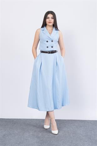 Midi Boy Kemerli Cepli Etek ve Ceket Yaka Astarlı Yelekli Takım 1156