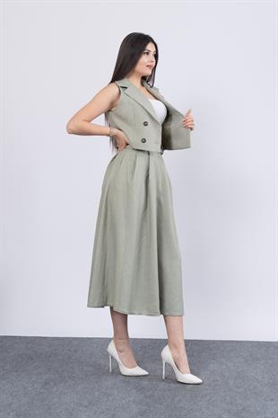 Midi Boy Kemerli Cepli Etek ve Ceket Yaka Astarlı Yelekli Takım 1156