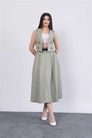 Midi Boy Kemerli Cepli Etek ve Ceket Yaka Astarlı Yelekli Takım 1156