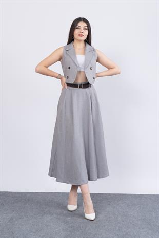 Midi Boy Kemerli Cepli Etek ve Ceket Yaka Astarlı Yelekli Takım 1156