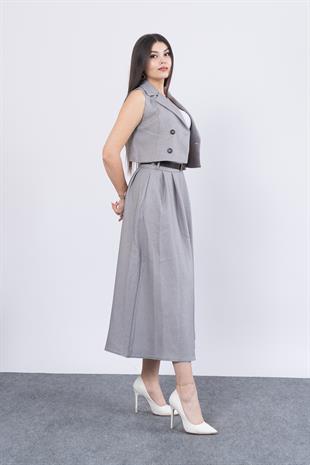 Midi Boy Kemerli Cepli Etek ve Ceket Yaka Astarlı Yelekli Takım 1156