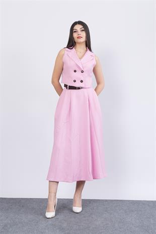 Midi Boy Kemerli Cepli Etek ve Ceket Yaka Astarlı Yelekli Takım 1156