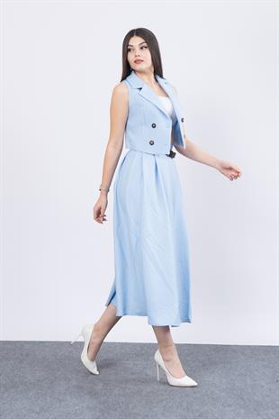 Midi Boy Kemerli Cepli Etek ve Ceket Yaka Astarlı Yelekli Takım 1156