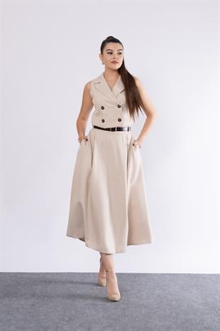 Midi Boy Kemerli Cepli Etek ve Ceket Yaka Astarlı Yelekli Takım 1156