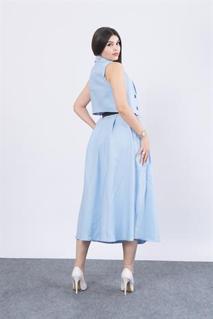 Midi Boy Kemerli Cepli Etek ve Ceket Yaka Astarlı Yelekli Takım 1156