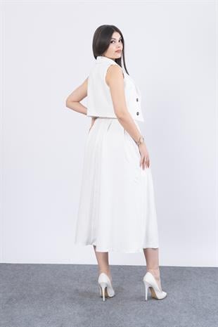 Midi Boy Kemerli Cepli Etek ve Ceket Yaka Astarlı Yelekli Takım 1156