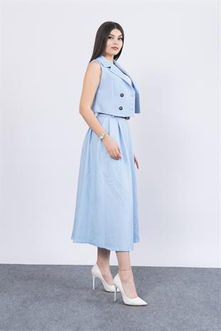 Midi Boy Kemerli Cepli Etek ve Ceket Yaka Astarlı Yelekli Takım 1156