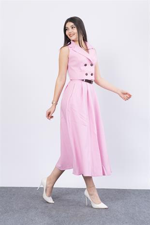 Midi Boy Kemerli Cepli Etek ve Ceket Yaka Astarlı Yelekli Takım 1156