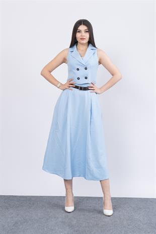 Midi Boy Kemerli Cepli Etek ve Ceket Yaka Astarlı Yelekli Takım 1156