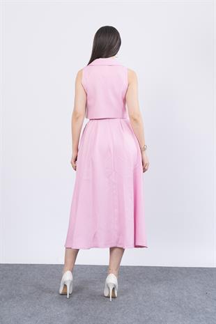 Midi Boy Kemerli Cepli Etek ve Ceket Yaka Astarlı Yelekli Takım 1156