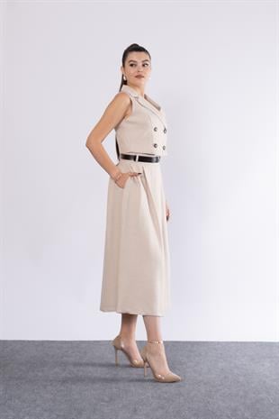 Midi Boy Kemerli Cepli Etek ve Ceket Yaka Astarlı Yelekli Takım 1156