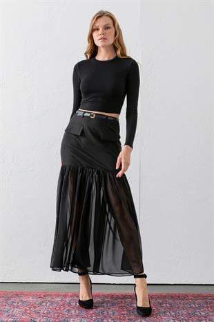 Miss Vina Şifon Alt Detaylı Kemerli Mini Etek 6816