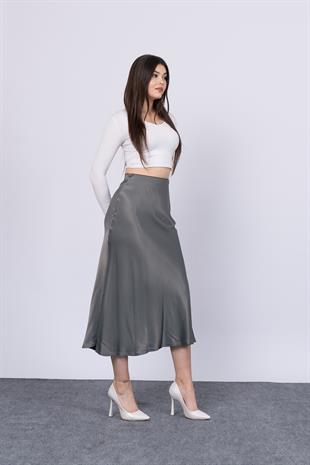 MissVina Saten Kumaş Beli Lastikli Desenli Etek 6679